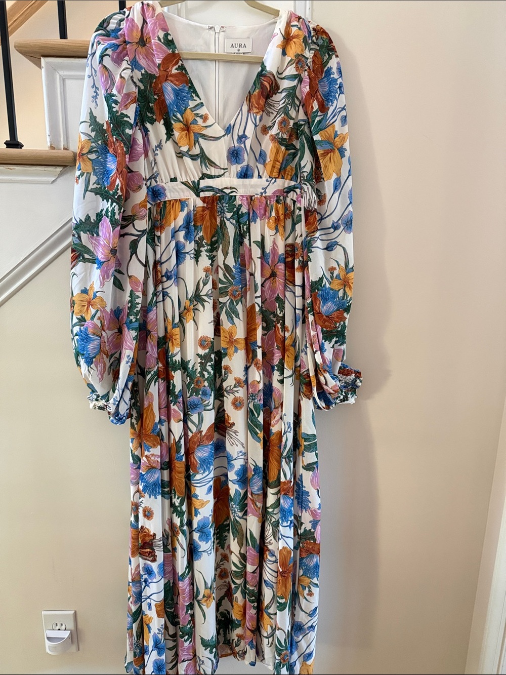 Aura White Floral Maxi Dress with Blue, Pink and Yellow Blooms